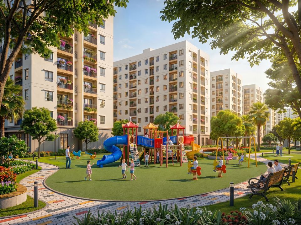 Phối cảnh sân chơi trẻ em giữa các tòa nhà