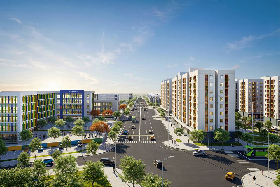 Phối cảnh trục đường nội khu, trường học cạnh các tòa nhà