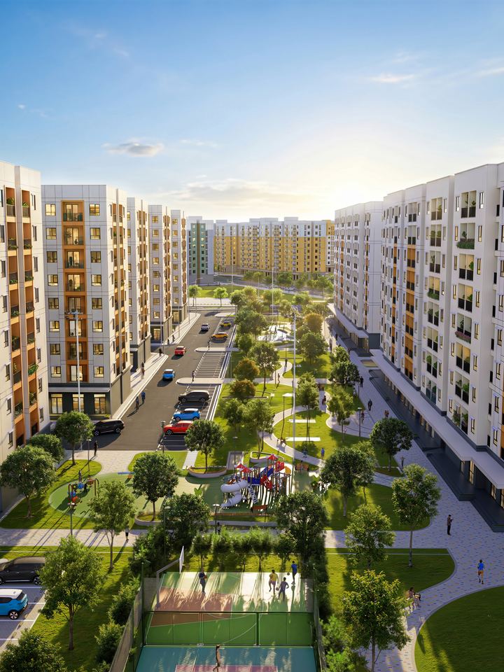 Phối cảnh trục cây xanh và sân thể thao giữa hai dãy nhà