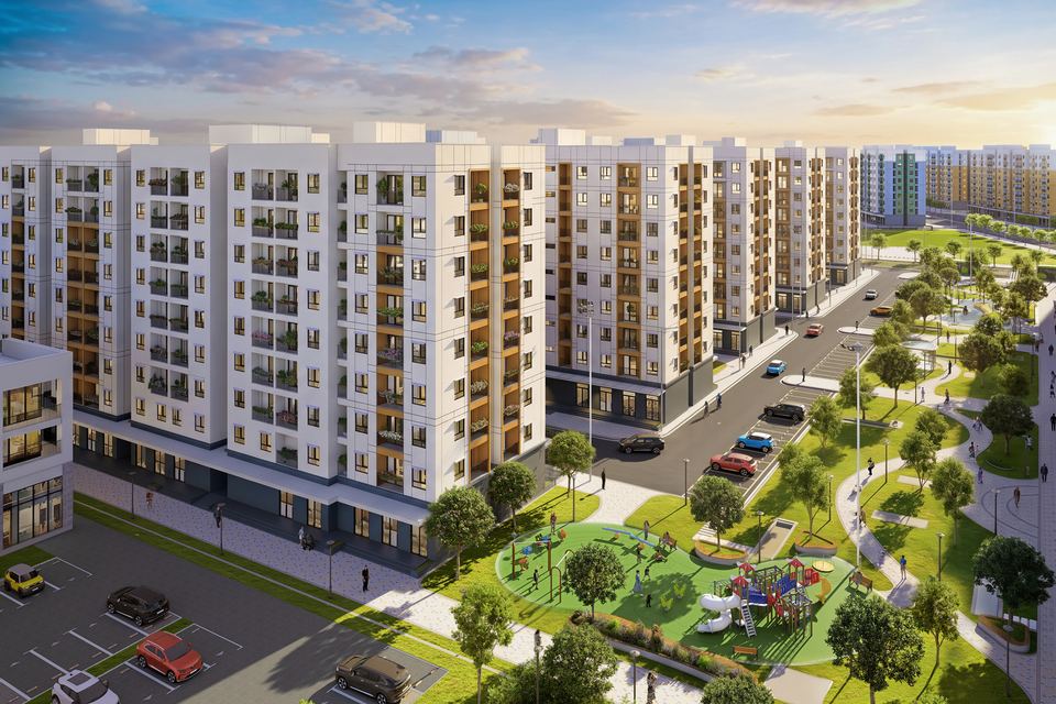 Phối cảnh vườn cây, sân chơi và bãi đỗ xe giữa các tòa